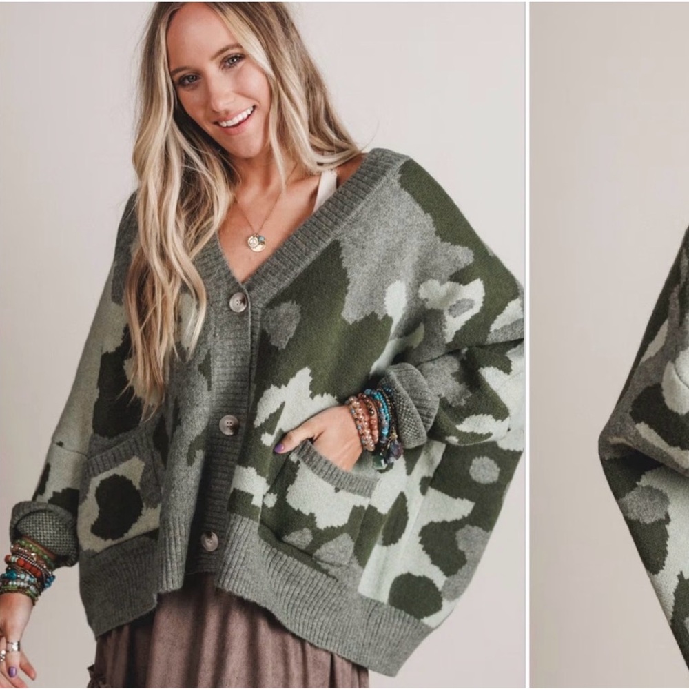 Olive Green Oversized Camo Cardigan Sweater